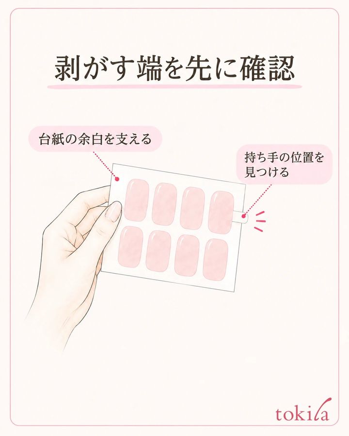 台紙の余白を支え、指定された端と持ち手が見える位置で作業する。