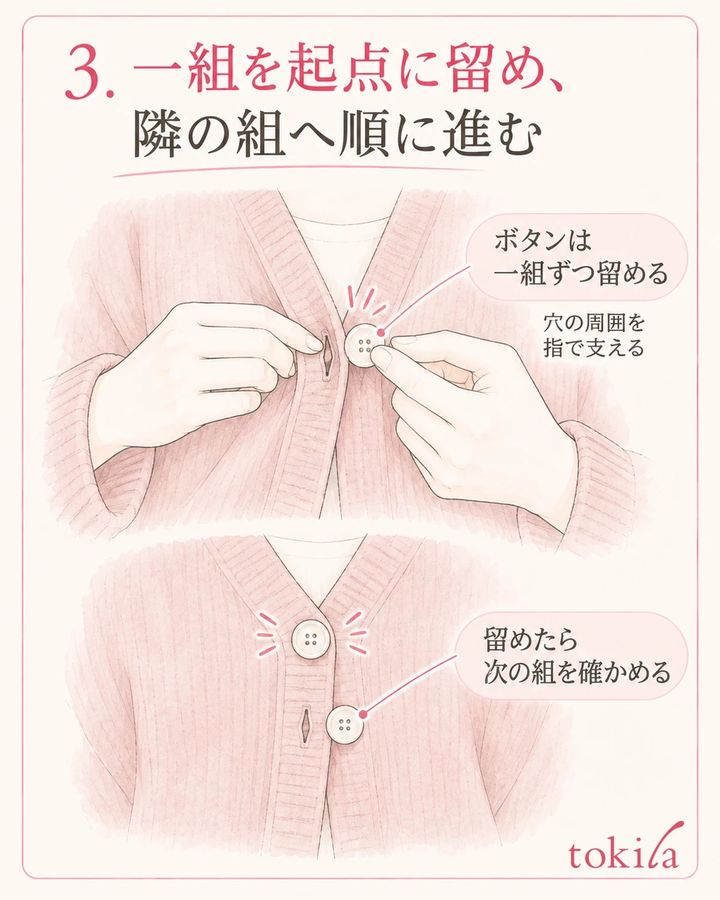 穴の周囲を支えて一組を留めたら、次の対応を確かめて進めます。