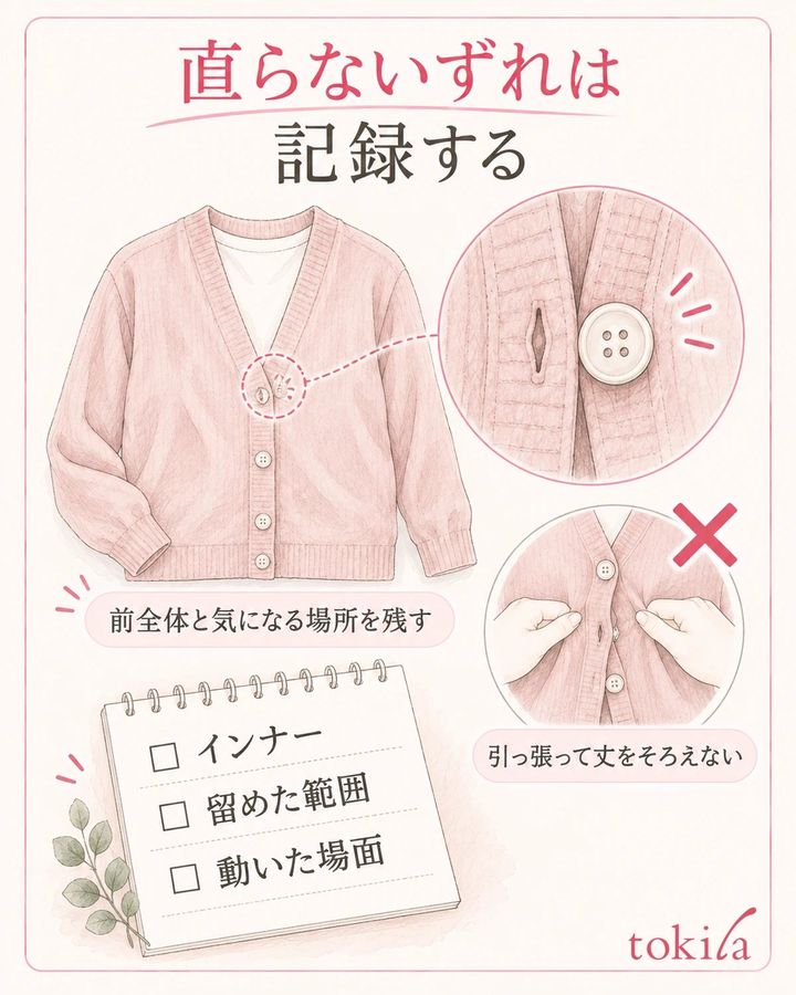 留め直しで変わらないときは、引っ張らず、気になる場所と着用条件を記録します。