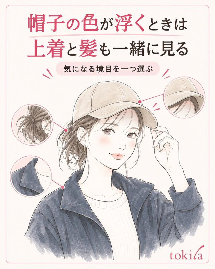 今日の上着と髪型を整え、帽子のどの境目が気になるかを確認します。