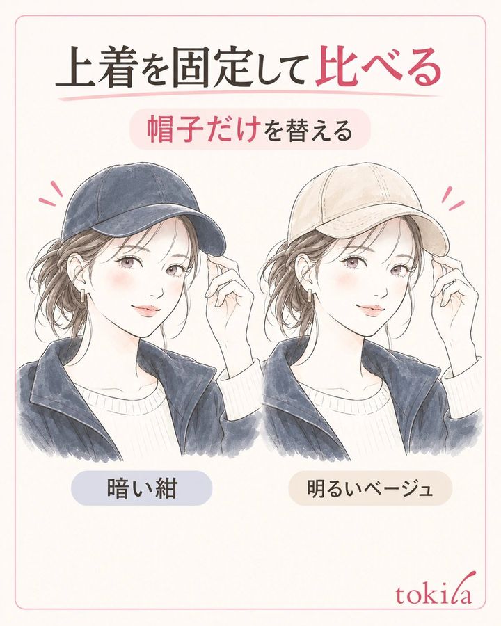 同じ上着のまま、帽子だけを替えて色のつながりを見比べます。