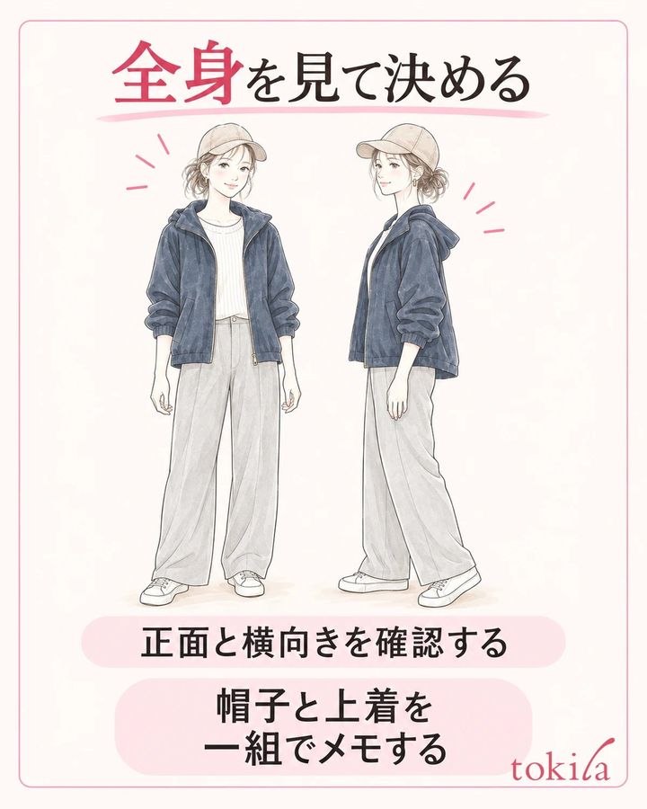 正面と横向きで全身を見て、帽子と服の組み合わせを残します。