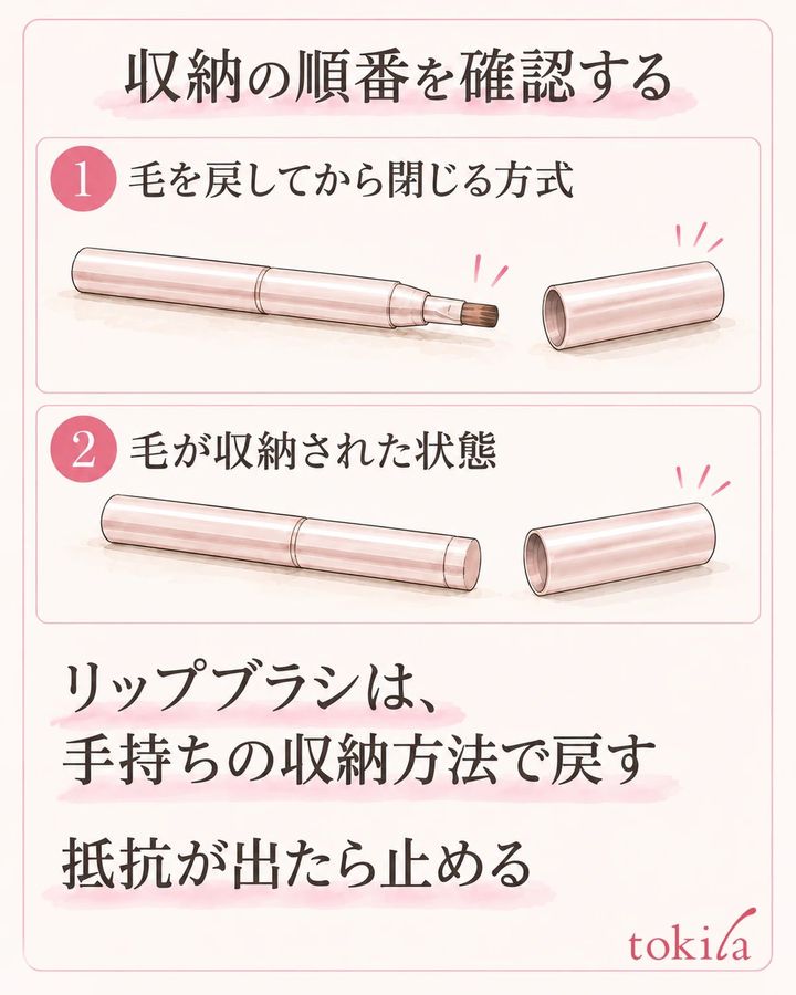 本体へ毛を収める方式は先に毛を戻し、指定の順番でキャップを閉じます。