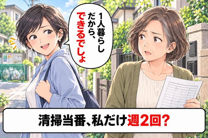 「１人暮らしだから、できるでしょ」清掃当番が私だけ週２回？抗議すると、さらに“空いている曜日”を聞かれて…