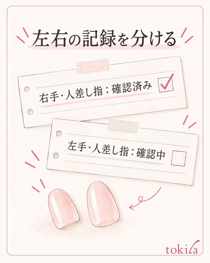 右手と左手の記録を分け、確認した指と一枚の対応を残す。