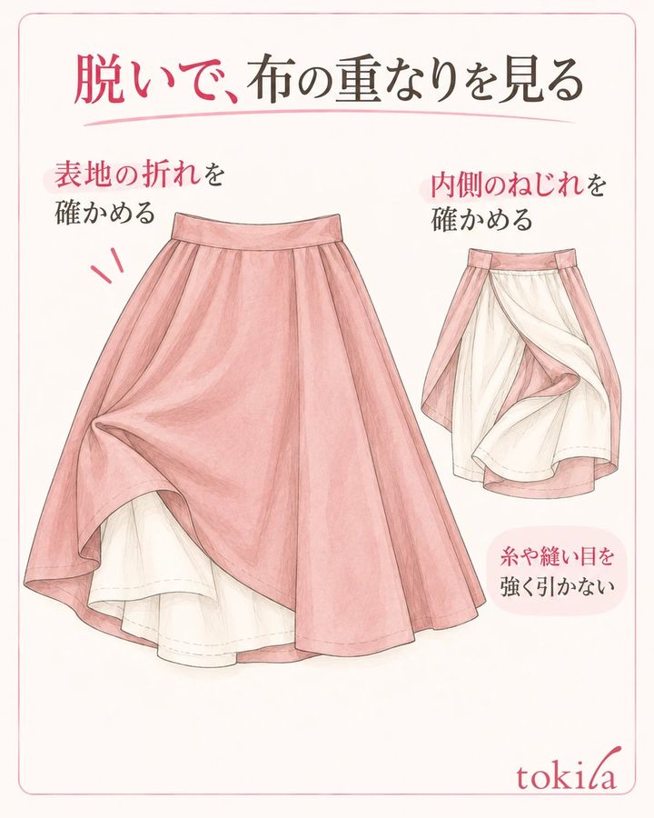 脱いで表地の折れと内側のねじれを見つけ、軽く戻せる範囲だけ整える。
