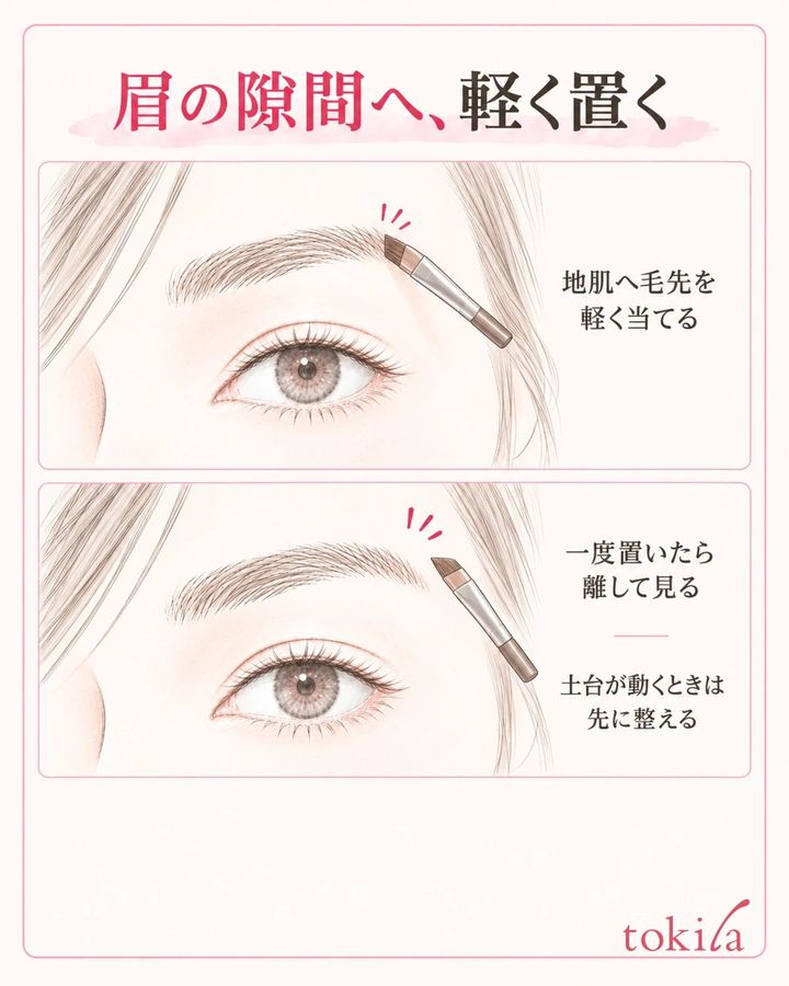 眉の毛の隙間の地肌へ斜めカットの小さいブラシを軽く当てて離す手順