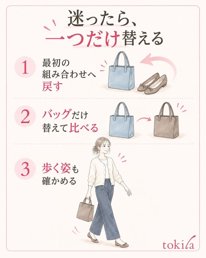 迷ったら最初の組み合わせへ戻し、一つだけ替えて歩く姿も確認します。