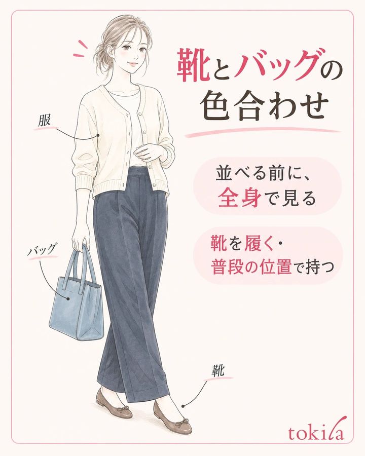 靴を履き、バッグを普段の位置で持ち、服を含む全身を確認します。