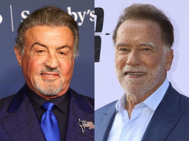 （左から）シルヴェスター・スタローン、アーノルド・シュワルツェネッガー （C）AFLO width=