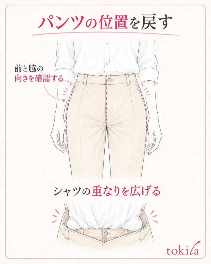 パンツの向きと着用位置を戻し、内側のシャツの重なりを広げます。