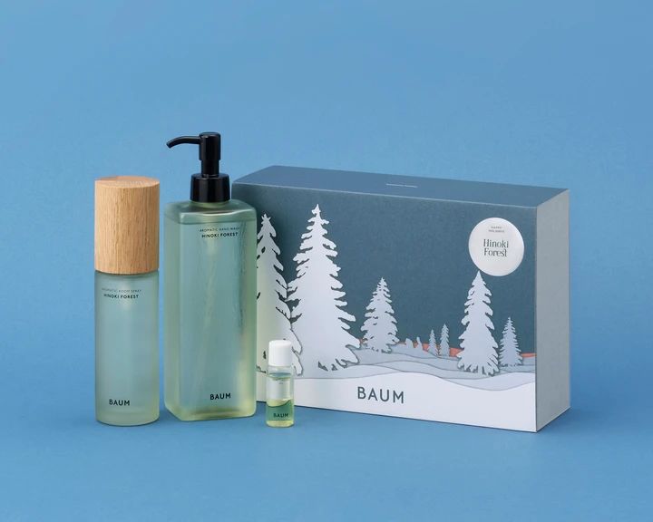BAUM バウム クリスマスコフレ 2026 ヒノキ フォレスト セット ￥11,880（2026年11月5日数量限定発売） セット内容：ハンドウォッシュ n ヒノキ フォレスト 300mL、ルームスプレー n ヒノキ フォレスト 100mL、モイスチャライジング オイル n〈スキンオイル〉6mL（添付品）