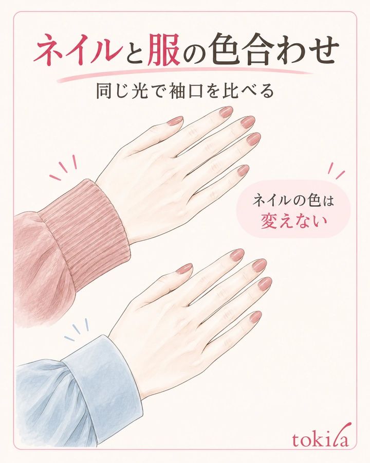 ネイルを固定し、袖口を同じ光と手の向きで見比べます。