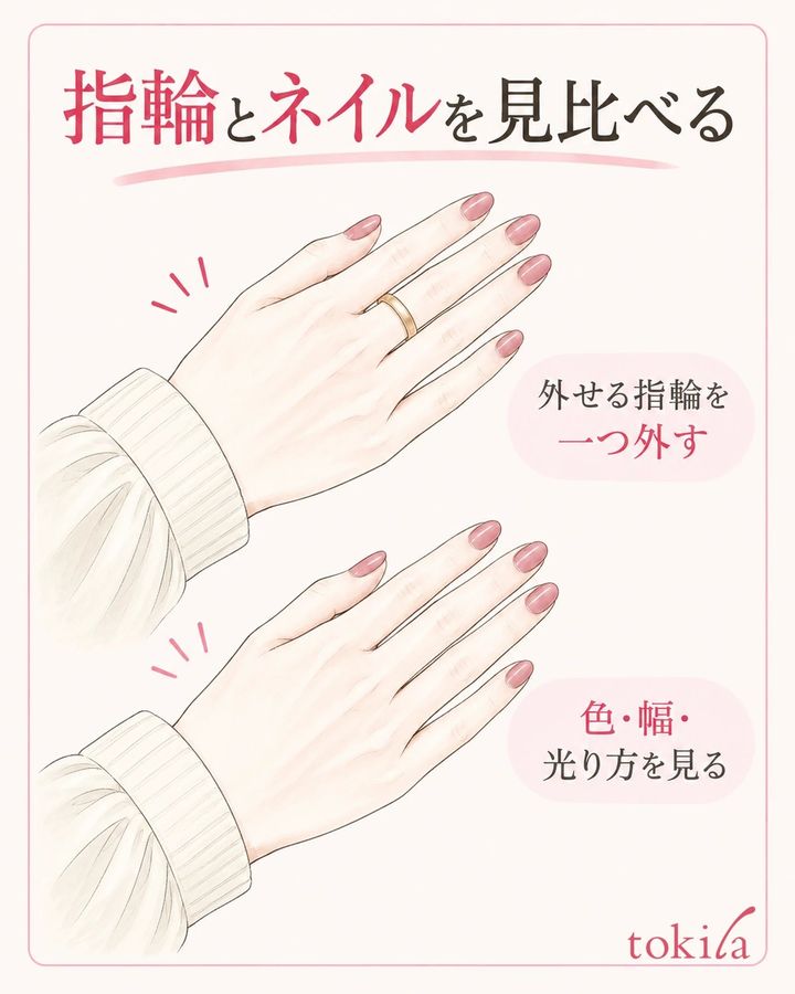 外せる指輪を一つ外し、爪と袖口の見え方を比べます。