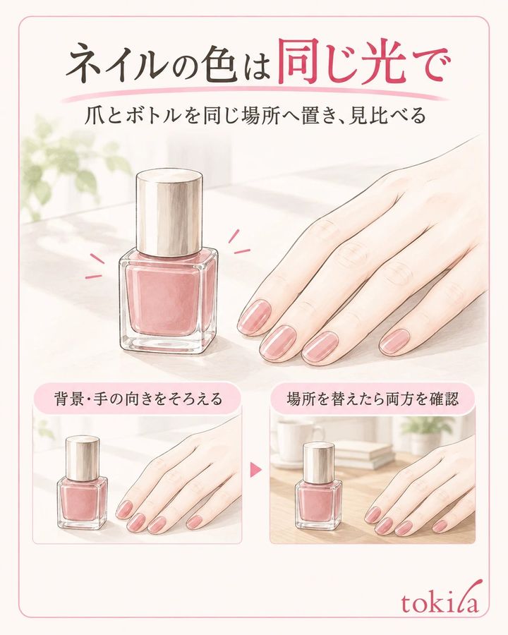 爪とボトルを同じ場所へ置き、光・背景・向きをそろえて見比べます。