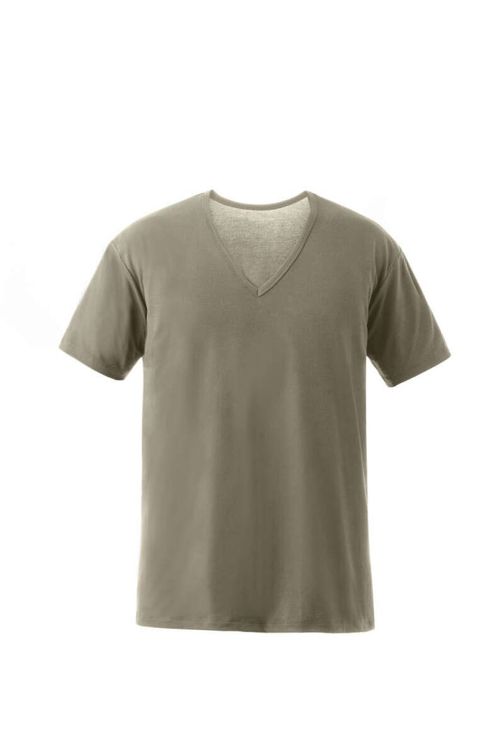 カーキ色のVネック半袖Tシャツ