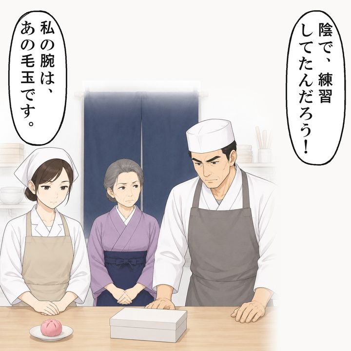 練習用の菊と注文用の菊を見比べた女将さんが、先輩の失敗に気づきました