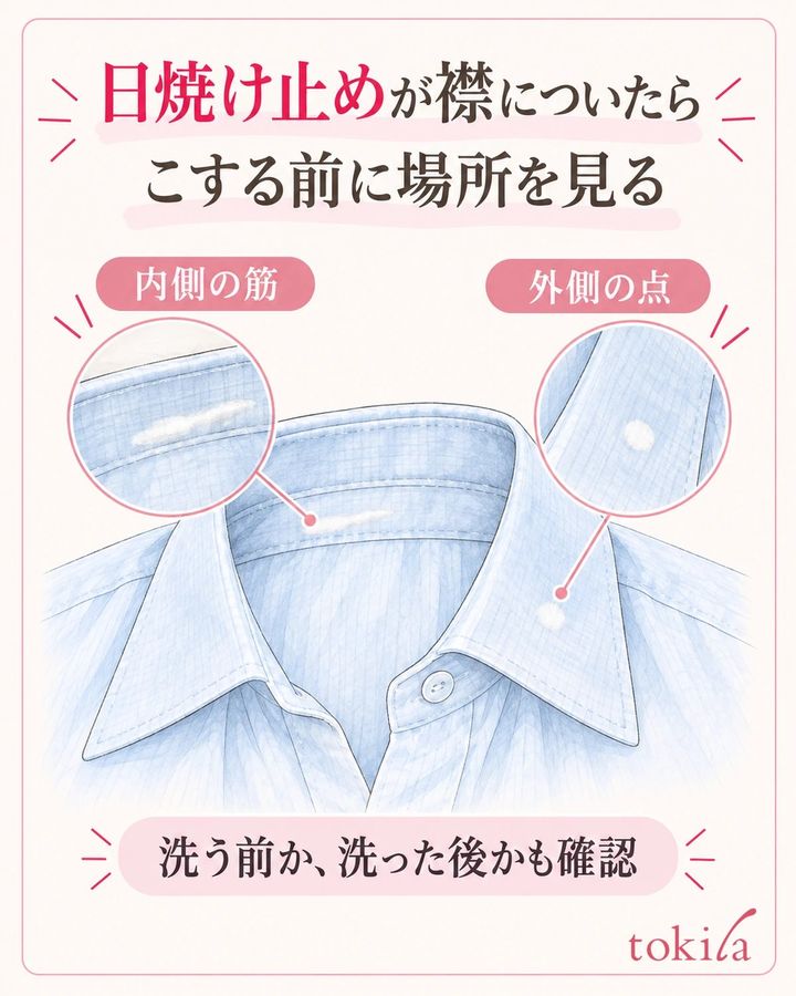 襟の内外を見て、付着した場所と処理前後の状態を分けます。