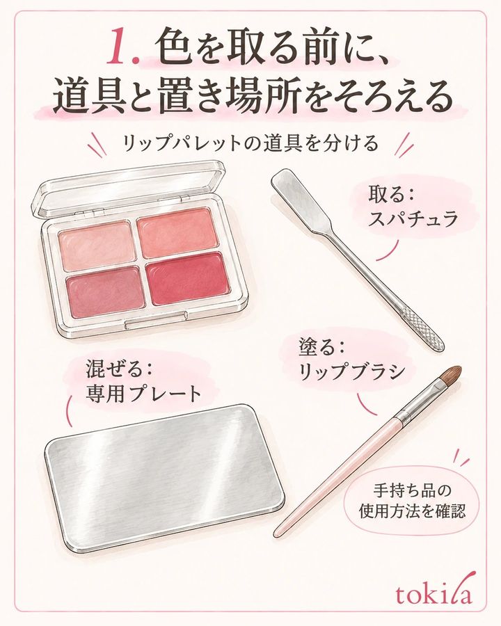 リップパレット・取り分けるスパチュラ・混色用プレート・塗るブラシを分けて準備します。