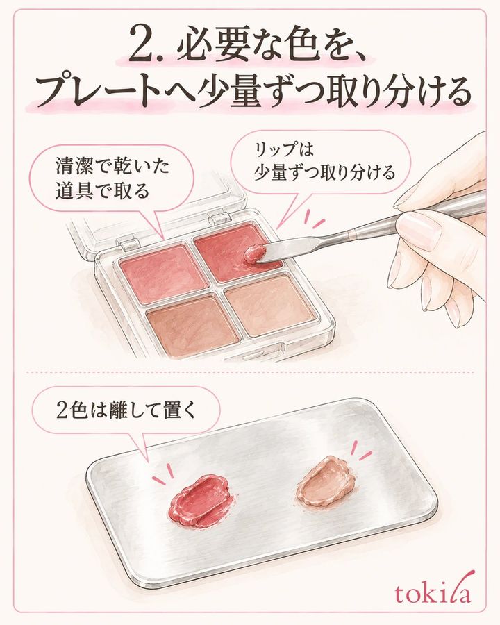 2色はプレートの上で離して置き、容器の色へ混ぜ戻さないようにします。