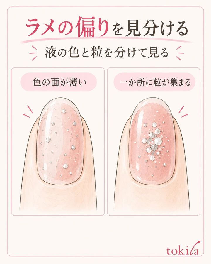 液の色の薄さと、光る粒の集まり方を別々に見る。