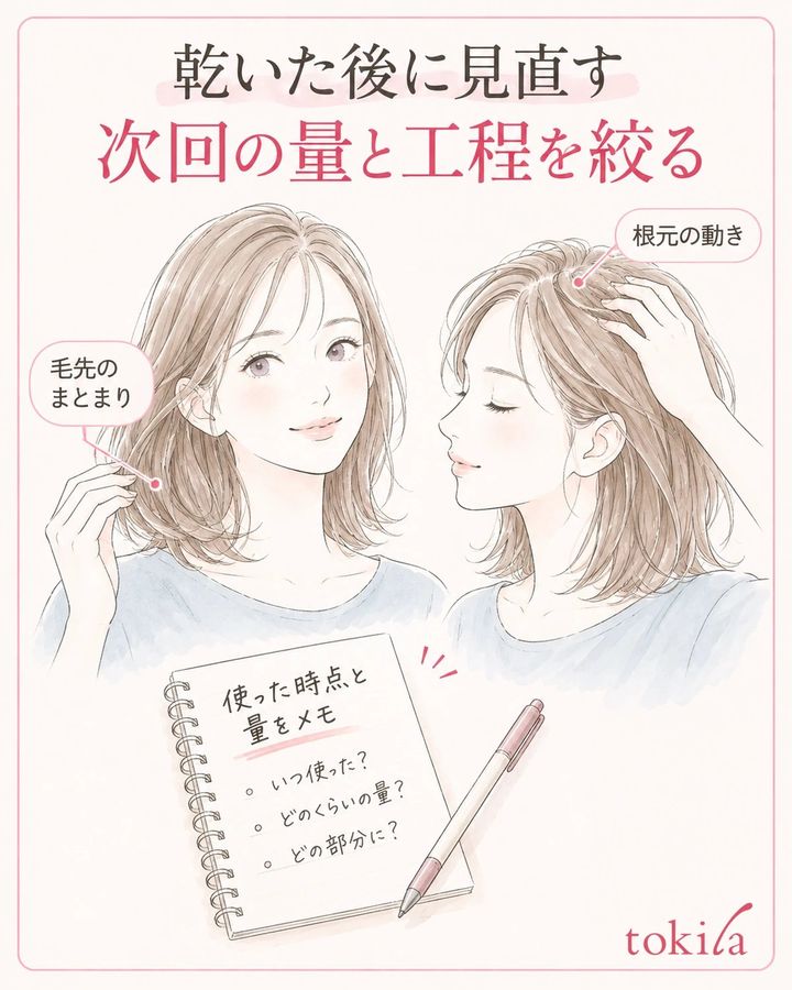 乾いた後の毛先と根元を見比べ、使った時点と量を次回のために残す。