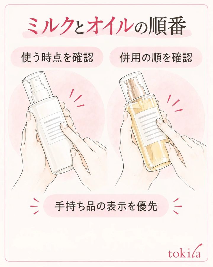 ミルクとオイルの表示から、使う髪の状態と併用順をそれぞれ確認する。