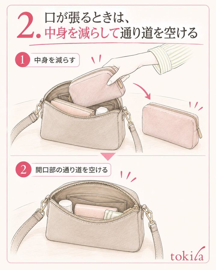 中身を減らして開口部を支え、ファスナーの通り道を空けます。