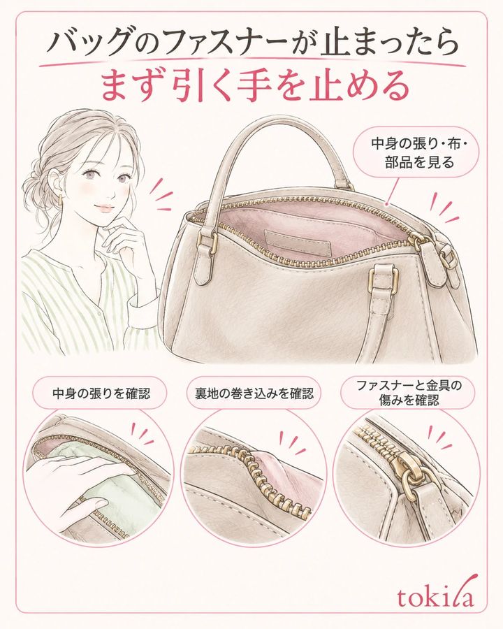 引手から手を離し、口の張り・裏地の巻き込み・部品の傷みを分けて見ます。