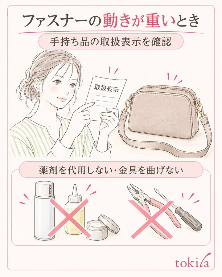 取扱表示を確認し、薬剤の代用や工具による加工へ進みません。