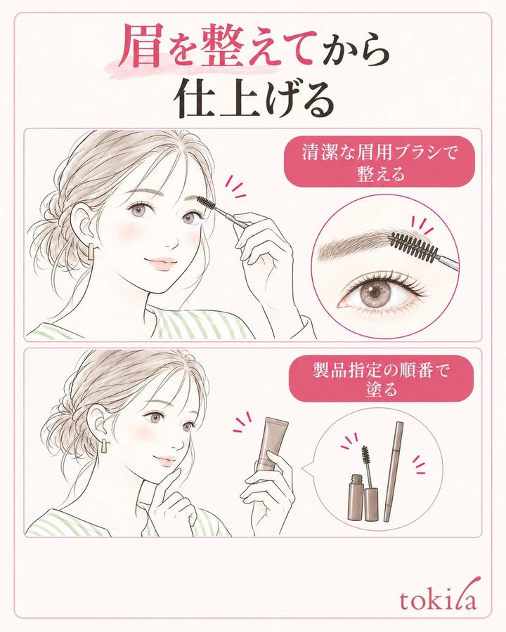 液のない清潔な眉用ブラシで整え、製品指定の順番で仕上げます。