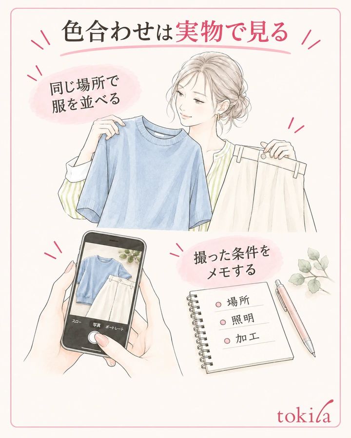服の色合わせは実物同士で行い、写真には撮った条件を添えます。