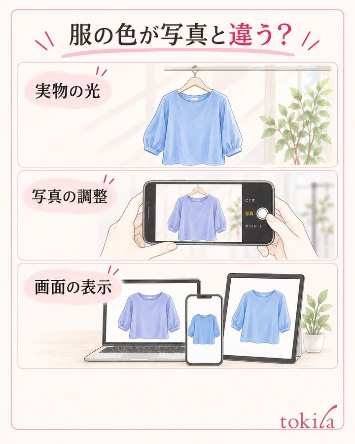 実物を照らす光、写真を作る調整、画面の表示を分けて確認します。