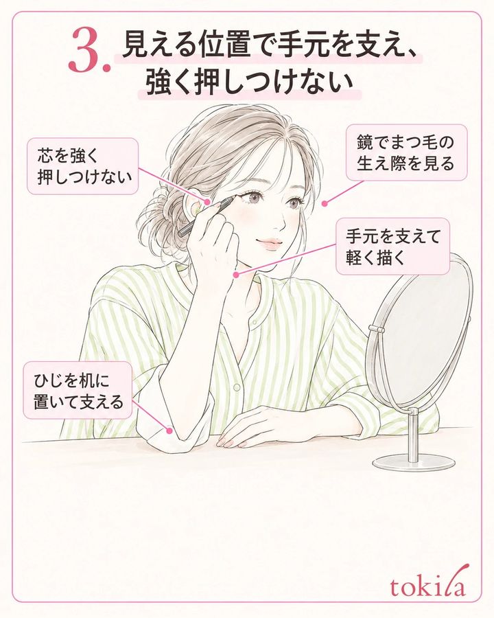 鏡で生え際を見ながら手元を支え、強く押しつけずに描きます。