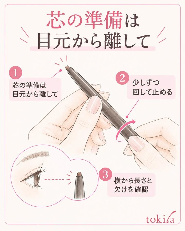 目元へ持っていく前に、机上で芯の長さと先端を確認します。