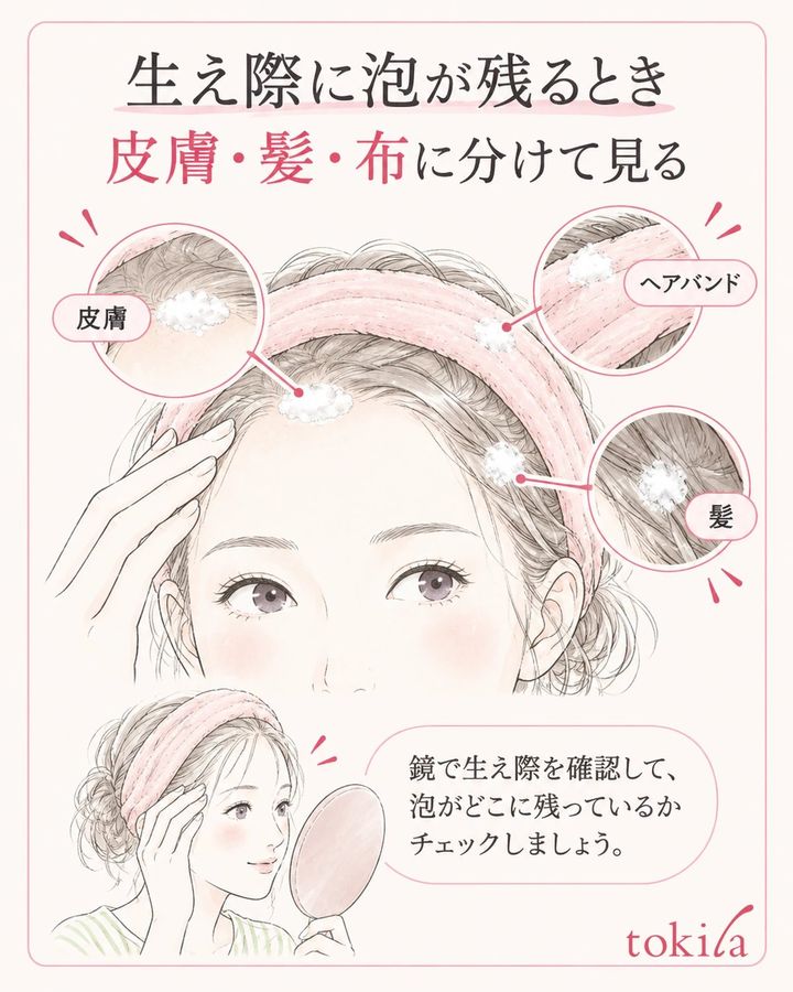 生え際の泡が皮膚・髪・ヘアバンドのどこにあるかを確認する。