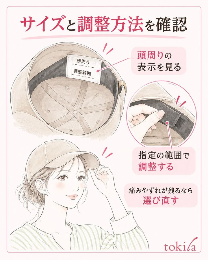 サイズ表示と調整方法を確認し、圧迫やずれが残るなら形も見直す。