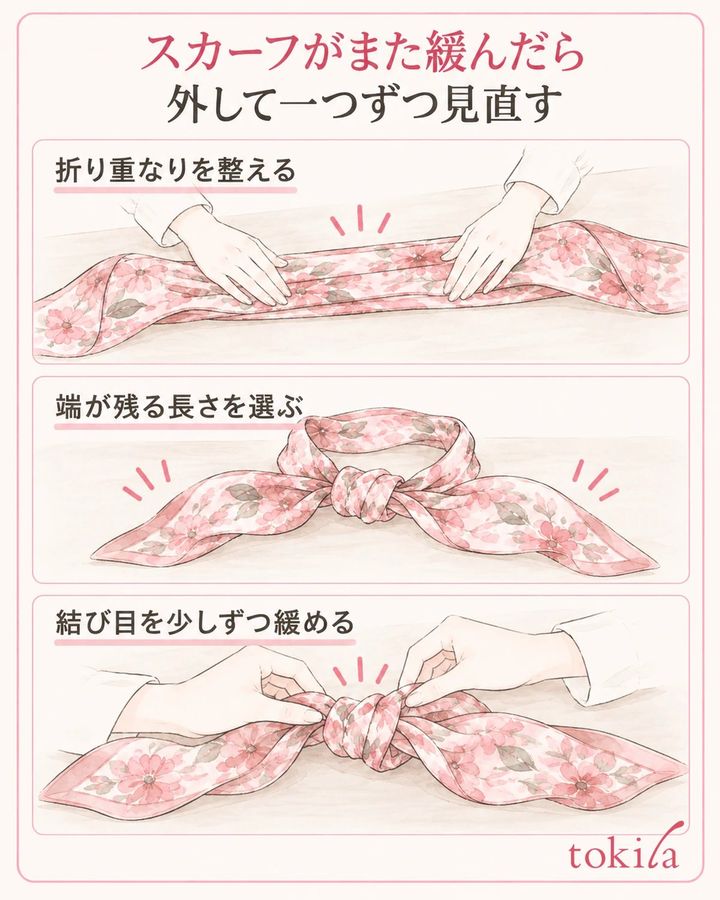 外したスカーフの結び目を少しずつ緩め、次に見直す折り方や長さを決める。