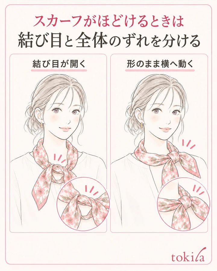 結び目が開く変化と、結んだ形のまま全体が横へ動く状態を分けて見る。
