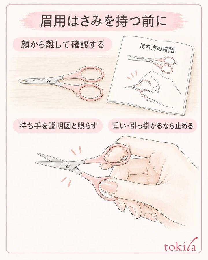 顔から離した手元で持ち手を説明と照らし、無理なく小さく開閉できるか確かめる。