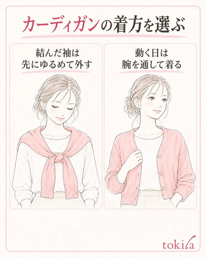 動く予定に合う掛け方を選び、外すときは先に結び目をゆるめます。