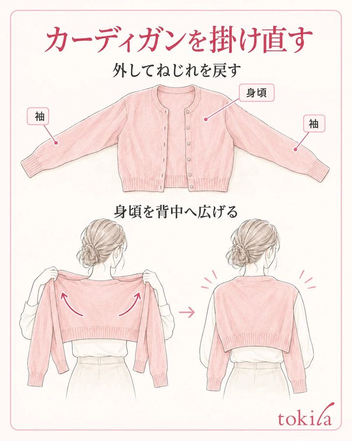 いったん外してねじれを戻し、身頃を背中へ広げて掛け直します。
