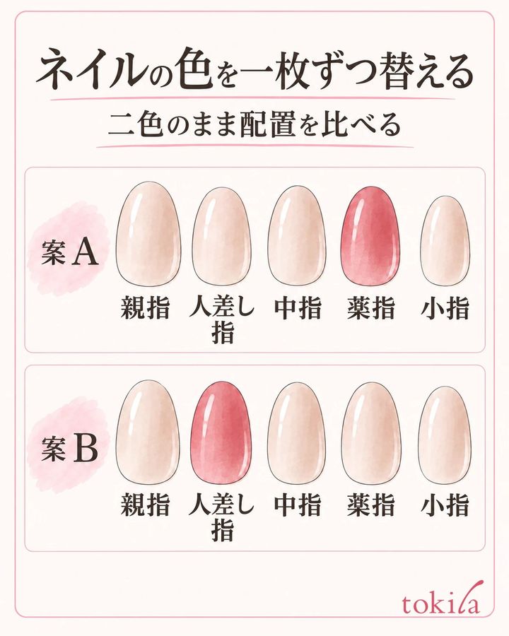 同じ二色のまま、左右の一枚ずつを入れ替えて配置を比べます。