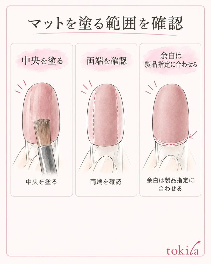 中央の後に両端の塗る範囲を見ます。皮膚際の余白は製品指定に合わせます。