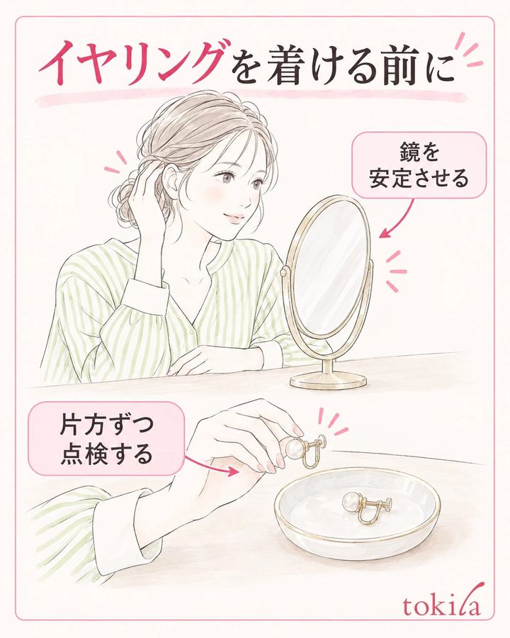 鏡とトレーを置き、金具や付属カバーを片方ずつ確認します。