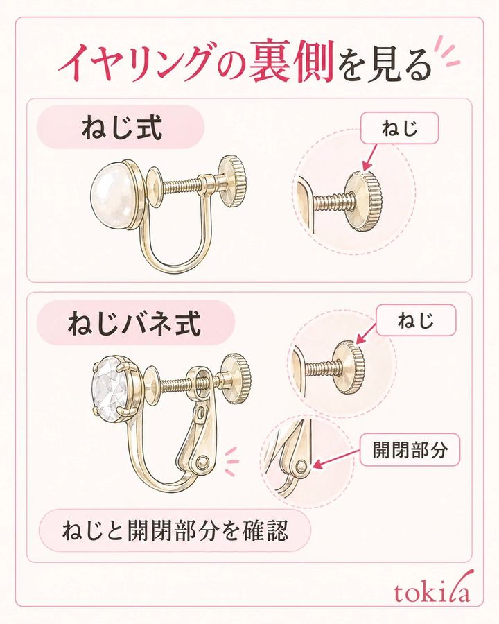 イヤリングは飾りの形だけで判断せず、ねじと開閉部分を見て留め具の種類を確かめます。