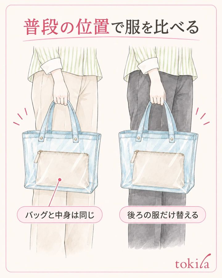 普段持つ位置をそろえ、バッグの後ろの服を比べます。