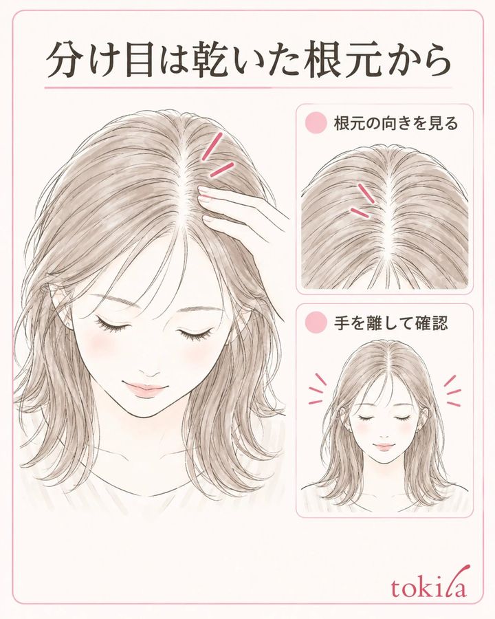 乾いた根元の流れを、正面と頭頂部で見ます。