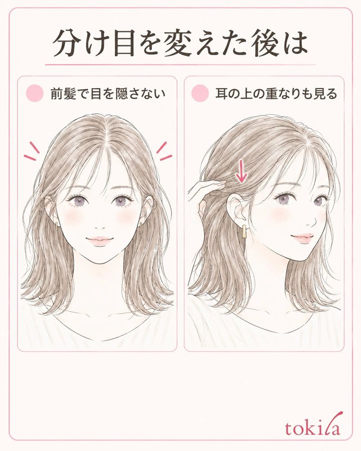 前髪の視界と耳まわりの重なりを、同じ姿勢で比べます。