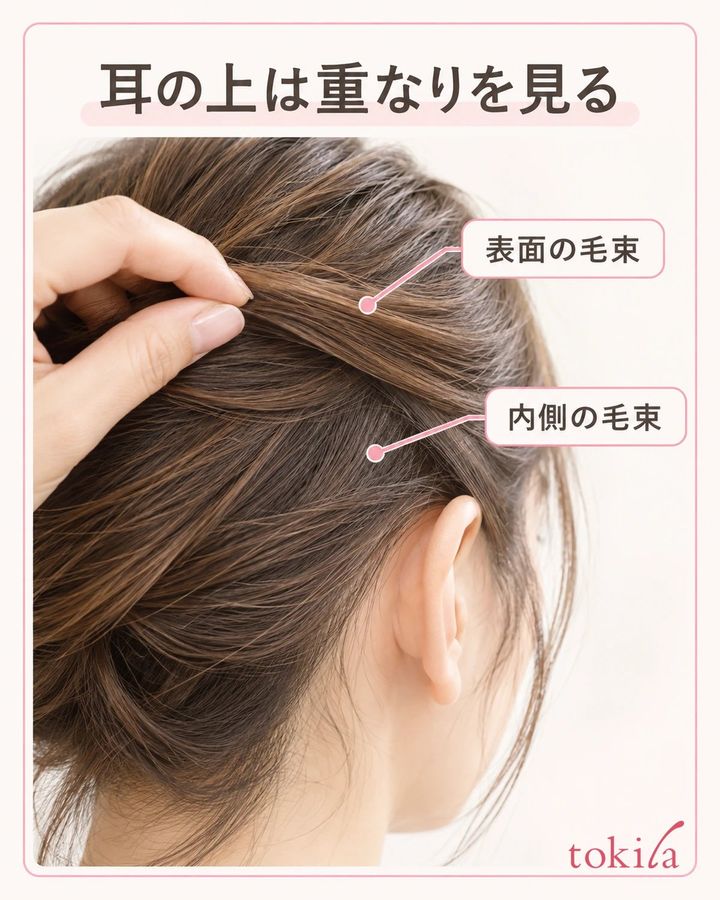 耳の上では、表面の髪の内側にも毛束が重なります。